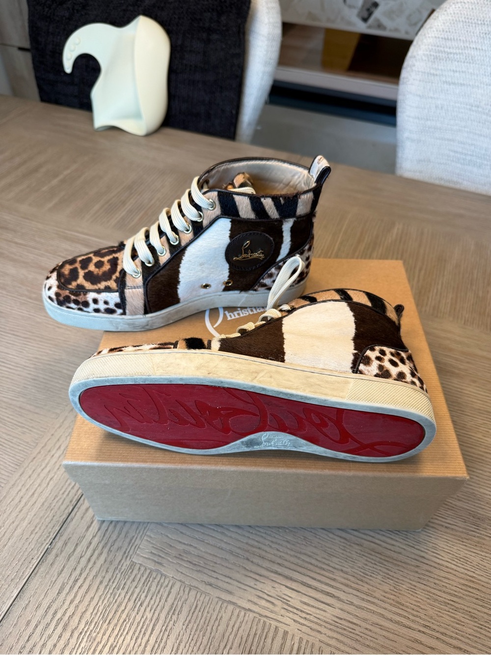 Christian Louboutin Women’s High-Top Animal Print Sneakers in Brown & White